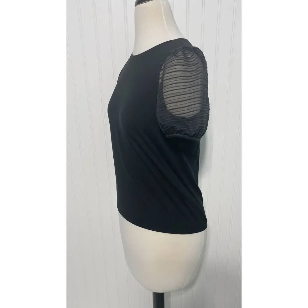 Madewell Striped Sheer Puff Sleeve Knit T-Shirt Crewneck Short Sleeve Black XS‎